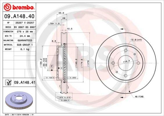 A.B.S. 09.A148.40 - Гальмівний диск avtolavka.club