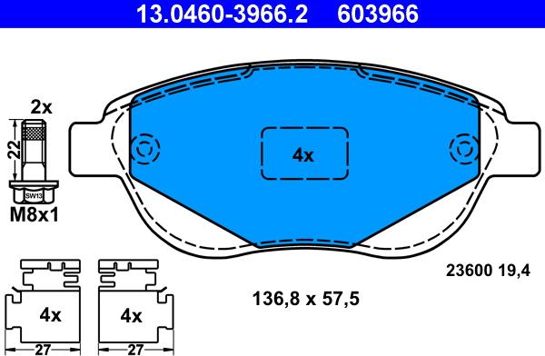 ATE 13.0460-3966.2 - Гальмівні колодки, дискові гальма avtolavka.club