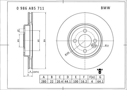 BOSCH 0 986 AB5 711 - Гальмівний диск avtolavka.club