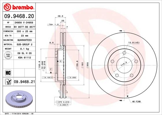 Brembo 09.9468.21 - Гальмівний диск avtolavka.club