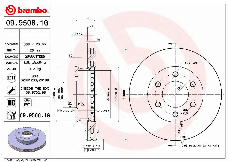 Brembo 09.9508.1G - Гальмівний диск avtolavka.club