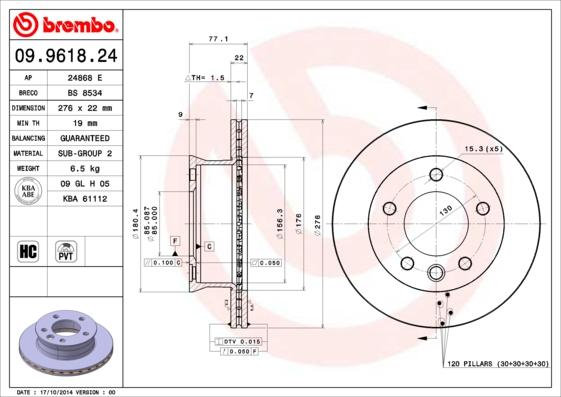 Brembo 09.9618.24 - Гальмівний диск avtolavka.club