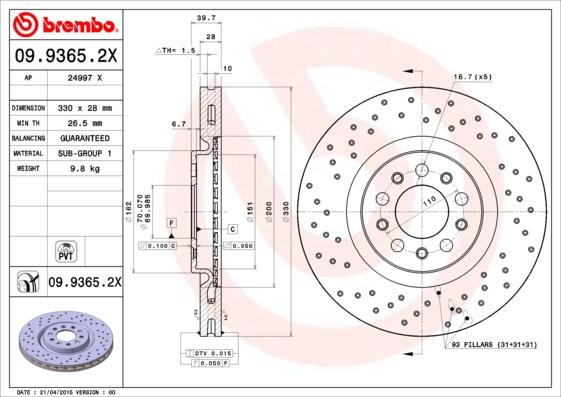 Brembo 09.9365.2X - Гальмівний диск avtolavka.club