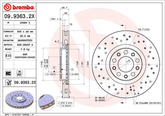 Brembo 09.9363.2X - Гальмівний диск avtolavka.club