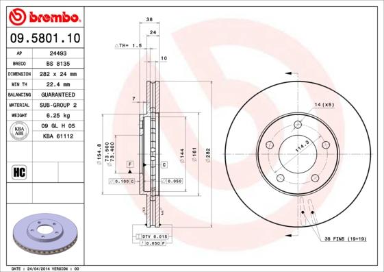 Brembo 09.5801.10 - Гальмівний диск avtolavka.club