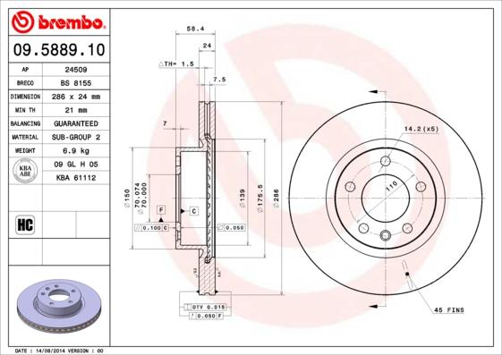 Brembo 09.5889.10 - Гальмівний диск avtolavka.club