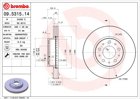 Brembo 09.5315.14 - Гальмівний диск avtolavka.club