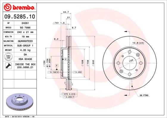 Brembo 09.5285.11 - Гальмівний диск avtolavka.club