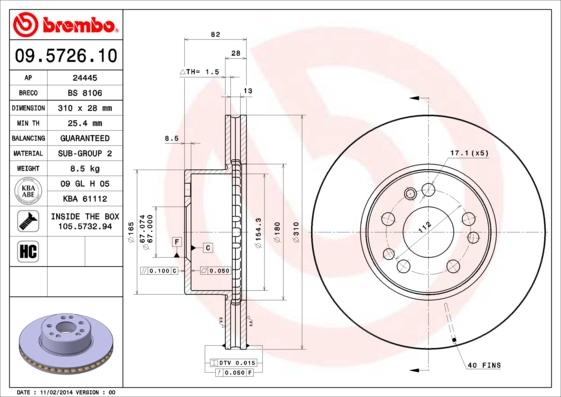 Brembo 09.5726.10 - Гальмівний диск avtolavka.club