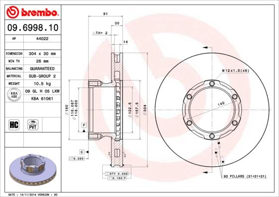 Brembo 09.6998.10 - Гальмівний диск avtolavka.club