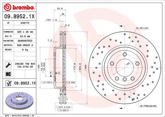 Brembo 09.8952.1X - Гальмівний диск avtolavka.club