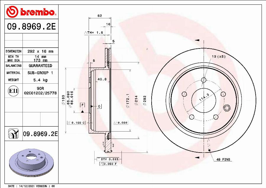 Brembo 09.8969.2E - Гальмівний диск avtolavka.club