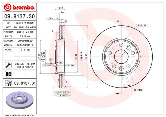 Brembo 09.8137.30 - Гальмівний диск avtolavka.club