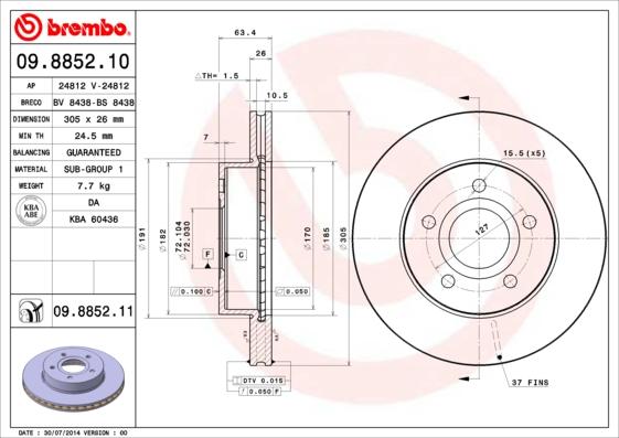 Brembo 09.8852.11 - Гальмівний диск avtolavka.club