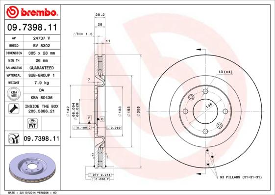 Brembo 09.7398.11 - Гальмівний диск avtolavka.club