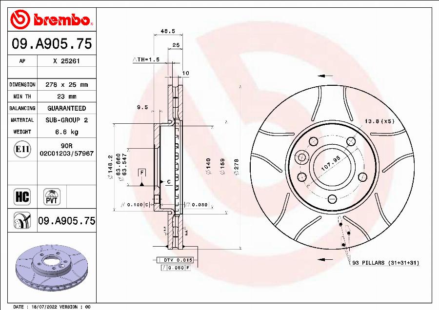 Brembo 09.A905.75 - Гальмівний диск avtolavka.club