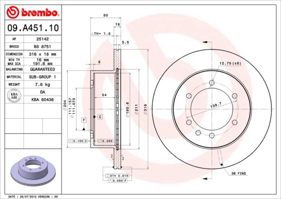 Brembo 09.A451.10 - Гальмівний диск avtolavka.club