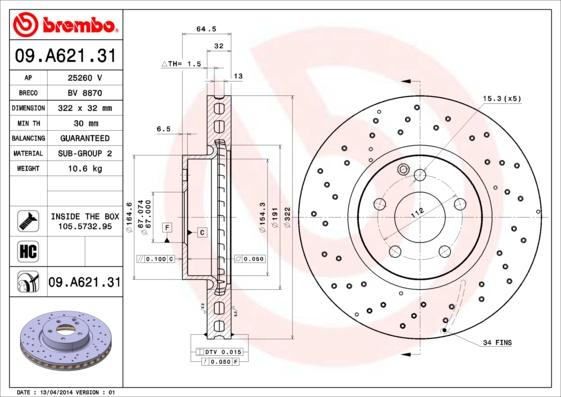 Brembo 09.A621.31 - Гальмівний диск avtolavka.club