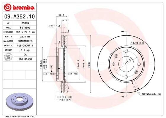 Brembo 09.A352.10 - Гальмівний диск avtolavka.club