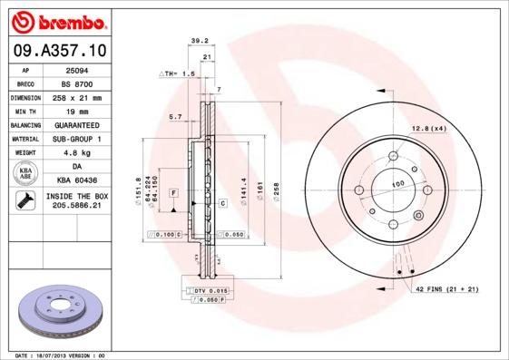 Brembo 09.A357.10 - Гальмівний диск avtolavka.club