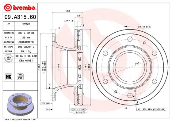 Brembo 09.A315.60 - Гальмівний диск avtolavka.club