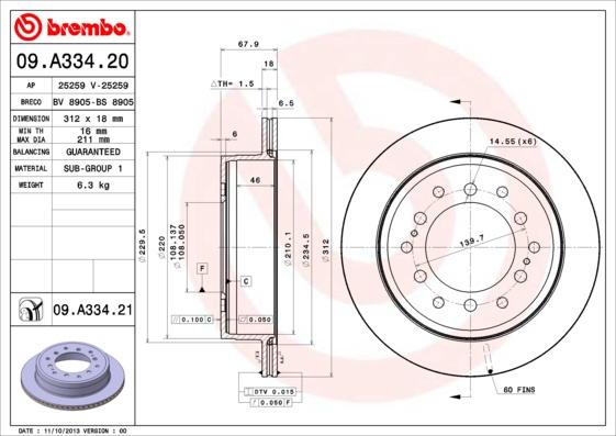 Brembo 09.A334.21 - Гальмівний диск avtolavka.club