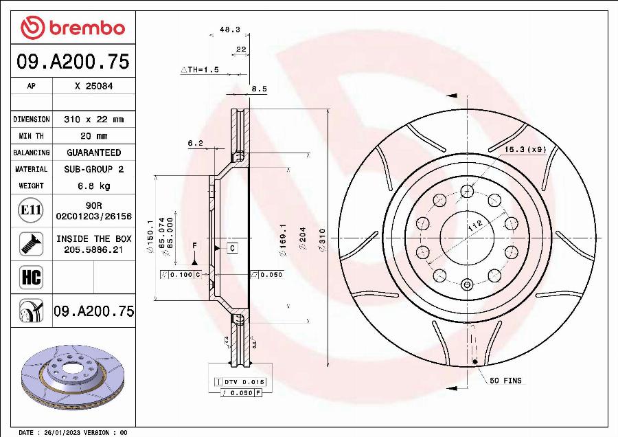 Brembo 09.A200.75 - Гальмівний диск avtolavka.club