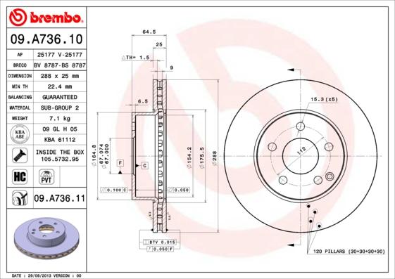 Brembo 09.A736.10 - Гальмівний диск avtolavka.club