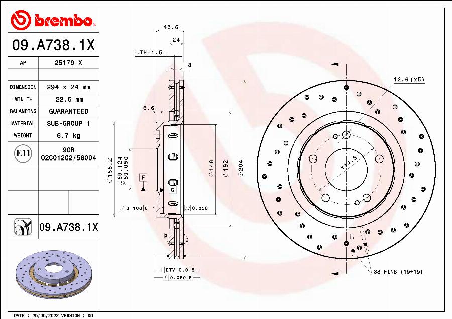 Brembo 09.A738.1X - Гальмівний диск avtolavka.club