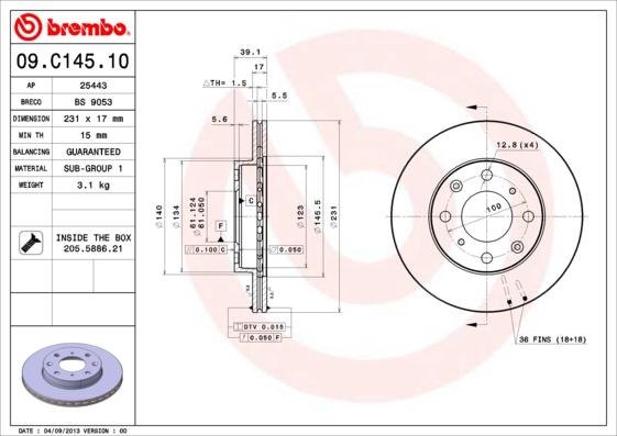 Brembo 09.C145.10 - Гальмівний диск avtolavka.club