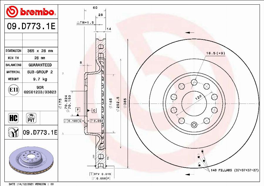 Brembo 09.D773.1E - Гальмівний диск avtolavka.club