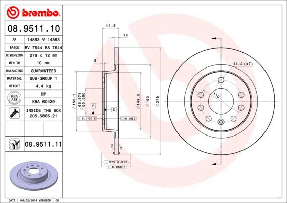 Brembo 08.9511.10 - Гальмівний диск avtolavka.club