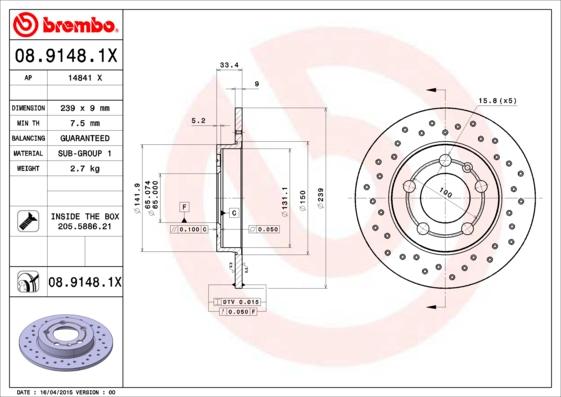 Brembo 08.9148.1X - Гальмівний диск avtolavka.club