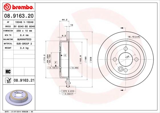 Brembo 08.9163.20 - Гальмівний диск avtolavka.club