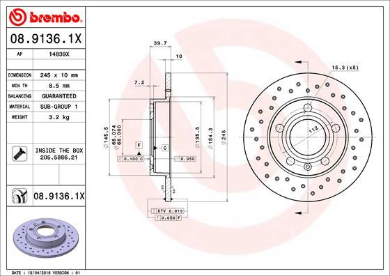 Brembo 08.9136.1X - Гальмівний диск avtolavka.club