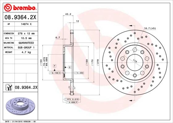 Brembo 08.9364.2X - Гальмівний диск avtolavka.club