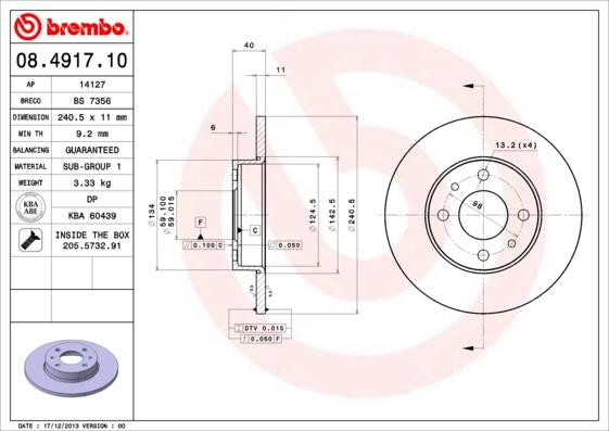 Brembo 08.4917.10 - Гальмівний диск avtolavka.club