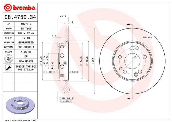 Brembo 08.4750.34 - Гальмівний диск avtolavka.club