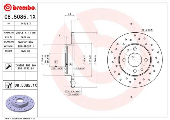 Brembo 08.5085.1X - Гальмівний диск avtolavka.club