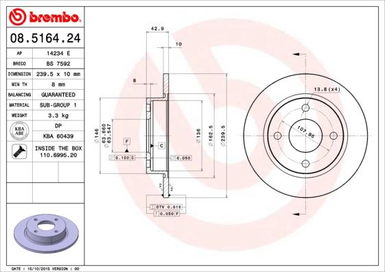 Brembo 08.5164.24 - Гальмівний диск avtolavka.club