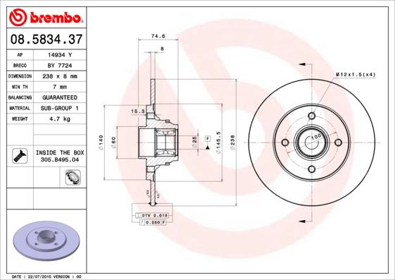 Brembo 08.5834.37 - Гальмівний диск avtolavka.club