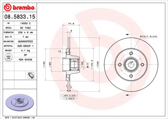 Brembo 08.5833.15 - Гальмівний диск avtolavka.club