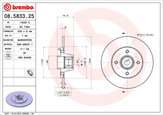 Brembo 08.5833.25 - Гальмівний диск avtolavka.club