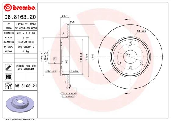 Brembo 08.8163.21 - Гальмівний диск avtolavka.club