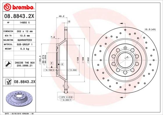 Brembo 08.8843.2X - Гальмівний диск avtolavka.club