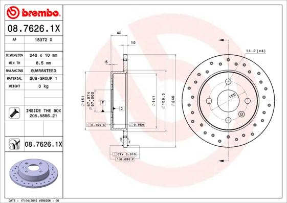 Brembo 08.7626.1X - Гальмівний диск avtolavka.club