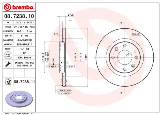 Brembo 08.7238.11 - Гальмівний диск avtolavka.club