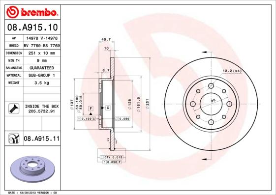 Brembo 08.A915.11 - Гальмівний диск avtolavka.club