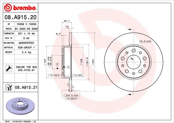 Brembo 08.A915.21 - Гальмівний диск avtolavka.club