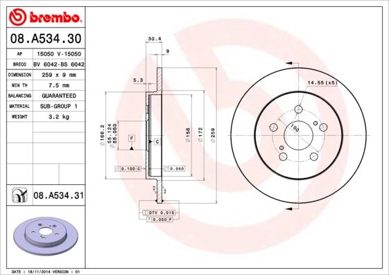 Brembo 08.A534.30 - Гальмівний диск avtolavka.club